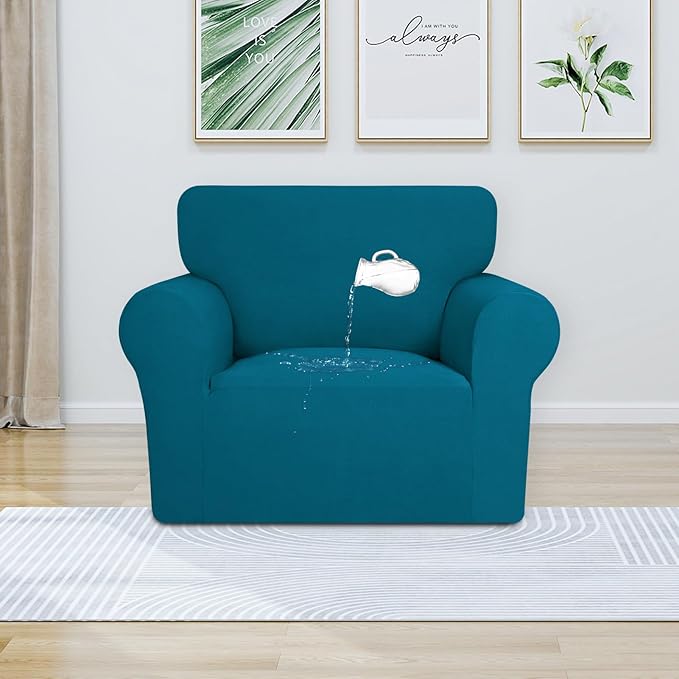 PureFit 100% Dual Waterproof Couch Cover Slipcovers for Couches and Sofas - Stretch Non Slip Fleece Sofa Covers Washable, Leakproof Furniture Protector for Kids, Pets, Dog (Chair, Peacock Blue)
