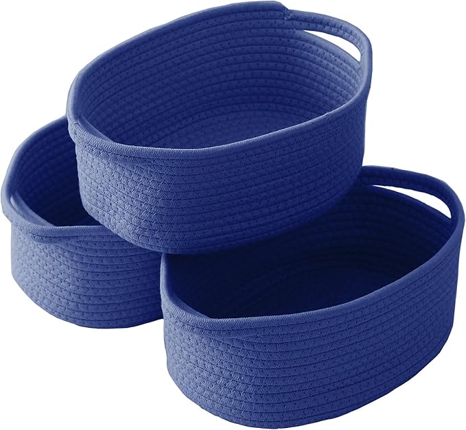 JMvicyroam Woven Basket,Small Rope Storage Bin with Handles & Ribbon Bag, Organizer for Shelves Closets,Gift Basket Empty for Birthday,Books,Dog Toys, Navy Blue/3 Pack