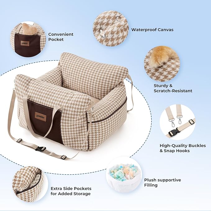 ZOMISIA Dog Car Seat for Small Dogs - Waterproof Pet Booster Seat for Car with Clip-On Safety Leash, Soft Travel Carrier for Puppy up to 25 lbs, Memory Foam Filling & 2 Adjustable Buckles Houndstooth
