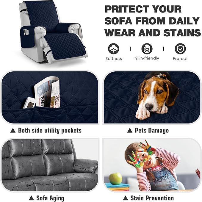 TAOCOCO 100% Waterproof Recliner Chair Cover Non-Slip Reclining Cover for Recliner Chair Washable Chair Seat Cover with Elastic Straps for Pets Sofa Slipcover with Pocket (Oversized 28'', Dark Blue)