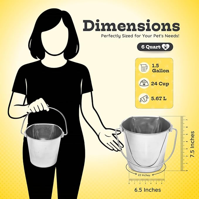 AASPIRE PETS 6 Quart Stainless Steel Flat Side Bucket | Durable Heavy Duty Food & Water Feeding Pails for Dog Cat Goat Sheep | Fits kennels Cages Critter Crates Hanging Pet Pail | Multipurpose Buckets