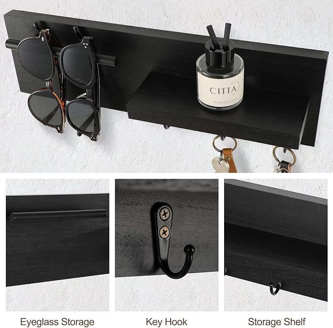 Lucundm Key Holder for Wall, Decorative Entryway Shelf with Hooks Holds Keys, Dog Leash, Sunglasses – Key Hanger with 3 Hooks Organizes, Enhances Home Decor (15” x 4.5” x 2.6”) (Black)