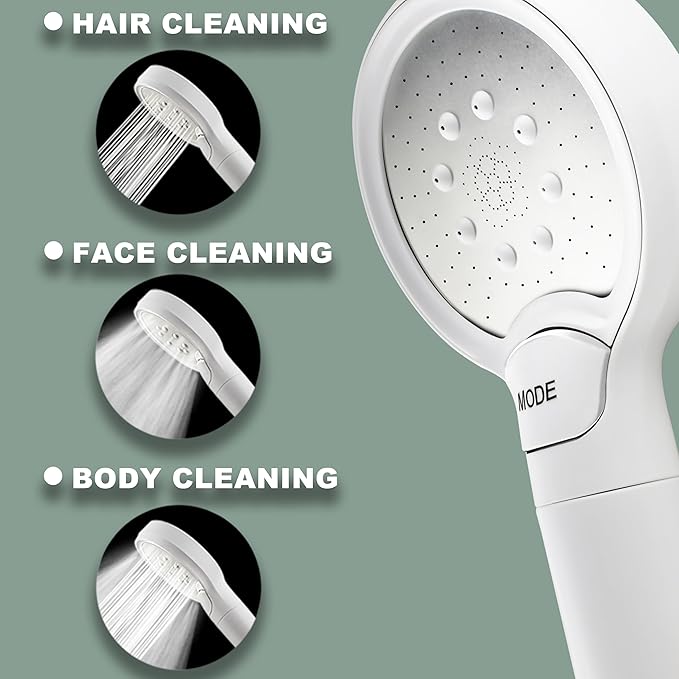 YOO.MEE Ultra-clean Handheld Shower, Deep Cleaning for Face/Body/Hair, Back to the Essence of Showering - Cleaning, High Pressure with one-hand Pattern Switch, W/Bracket, W/Sliver Hose, White