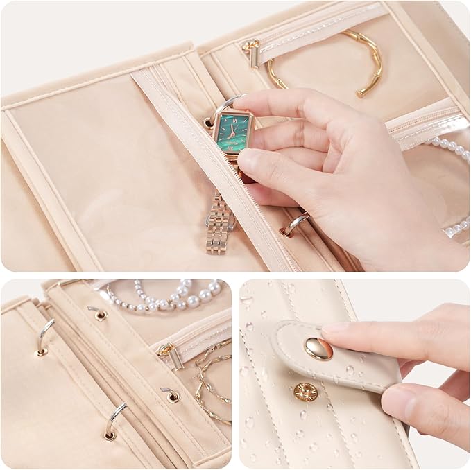 Lolalet Travel Jewelry Organizer Case, Portable Jewlery Storage Book Portfolio Binder with Zipper Velvet Pouch and Built-in Mirror for Women -Beige