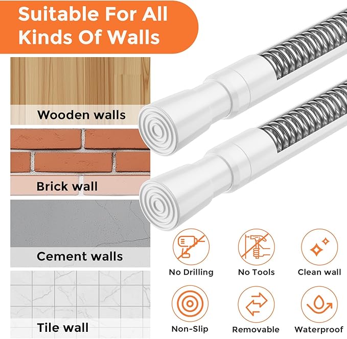 FVONZON Tension Curtain Rod White Spring Tension Curtain Rods 26-39 inch 4Pack Adjustable Spring Rods Extendable Tension Rod For Closet, Window, Kitchen,Bookshelf,Bathroom