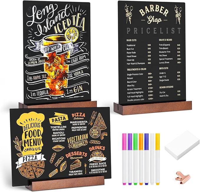Tabletop Chalkboard with Wood Stand - 3 Pack, 8 x 12 Inch Double Sided Blackboard Food Signs Menu Message Boards for Coffee Bar, Lemonade Stand, Party Decoration - Vertical Back