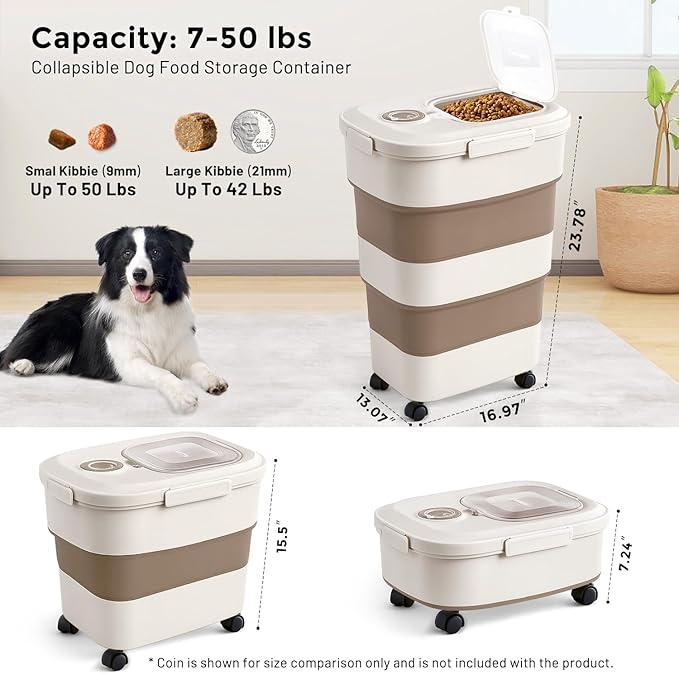 45-50lbs Dog Food Storage Container, Large Capacity Collapsible Airtight Pet Food Storage Containers with Rolling Wheels, Transparent Lid, Scoop and Date Track, Brown
