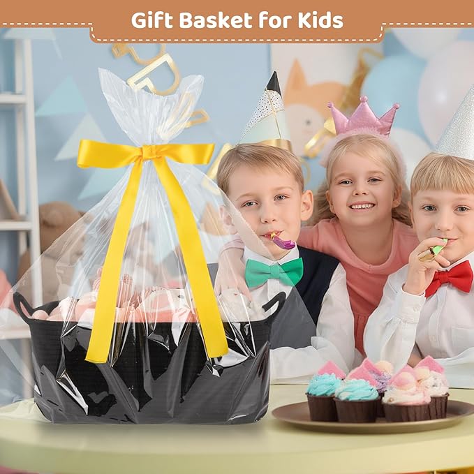 Large Empty Gift Baskets for Baby Shower, 16.5"L x 12.6"W x 7"H Cute Woven Storage Basket with Gift Bags and Ribbons, Small Rope Toy Basket with Handles, Cat Dog Pet Toy Organizer - Black