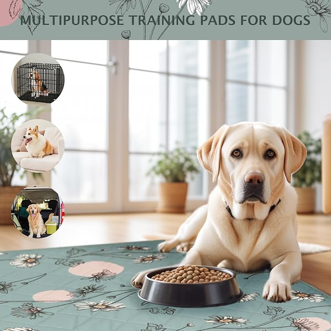 IEUUMLER Washable Pee Pads for Dogs, 2 Pack Non-Slip & Waterproof Pack Whelping Pad, Reusable Washable Puppy Potty Training Pad with Fast Absorbent for Playpen EU007 (Green Daisy, 31"X36"-2pcs)