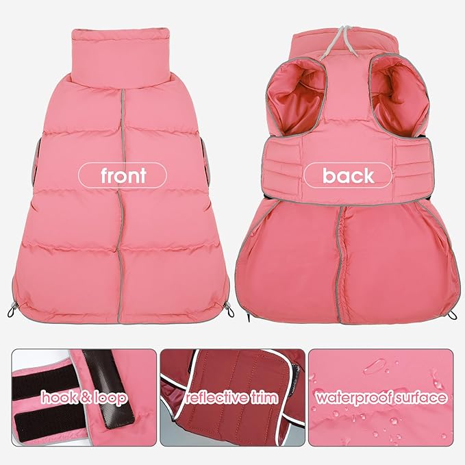 FUAMEY Dog Puffer Jacket for Large Dogs,Dog Cold Weather Coats Winter Dogs Down Jackets Waterproof Pet Snowsuits Warm Puppy Winter Vest Turtleneck Pets Adjustable Jackets Coats Pink XXXL