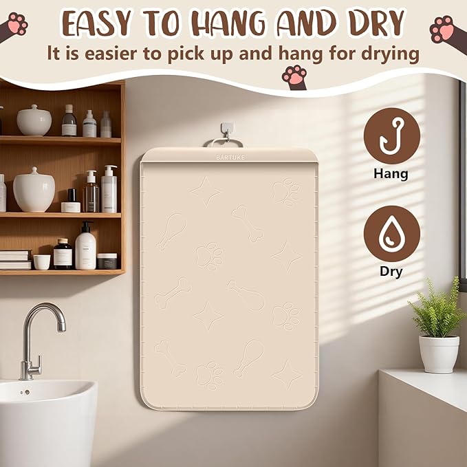 Dog Food Mat with Collection Pocket, 42''x28'' Extra Large Silicone Pet Feeding Mat for Food and Water, Waterproof Anti-Slip Dog Mat with Edge and Handle, Pet Placement for Floor (Beige)