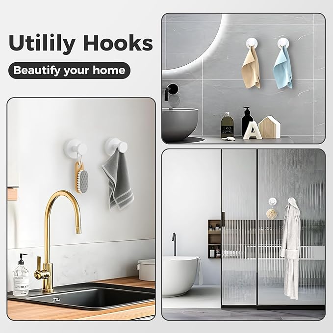 WingWider Shower Hooks for Inside Shower,Suction Cup Hooks for Glass Window,Removable Towel Hooks for Bathrooms,4 Packs(White)