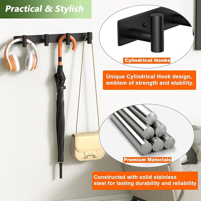 VINHOLD Coat Rack Wall Mounted-4 Hooks, Heavy Duty Stainless Steel Wall Hooks for Towel Coat Bag, Hat Rack Coat Hanger Coat Hooks Towel Racks for Bathroom Entryway Kitchen Hotel (Black, 2 Packs)