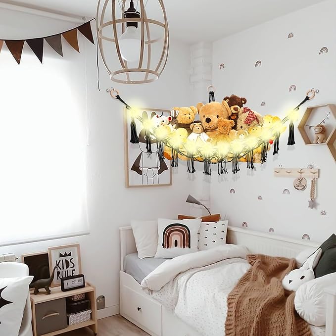 CERETIA Stuffed Animal Hammock with LED Light, Large Stuffed Animals Storage Corner Plushie Net for Kids Room Decor, Black