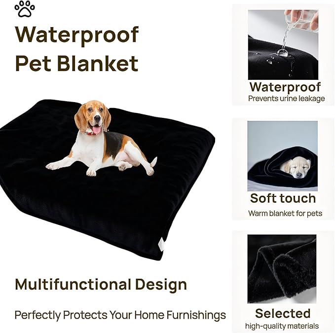 Waterproof Pet Blanket, Flannel Dog Blanket, Liquid Urine Leak-Proof, Furniture Protection Pads, Double-Sided, Large Space, Suitable for Small, Medium, Large Dogs, Cats, Black, M(57" x 40")