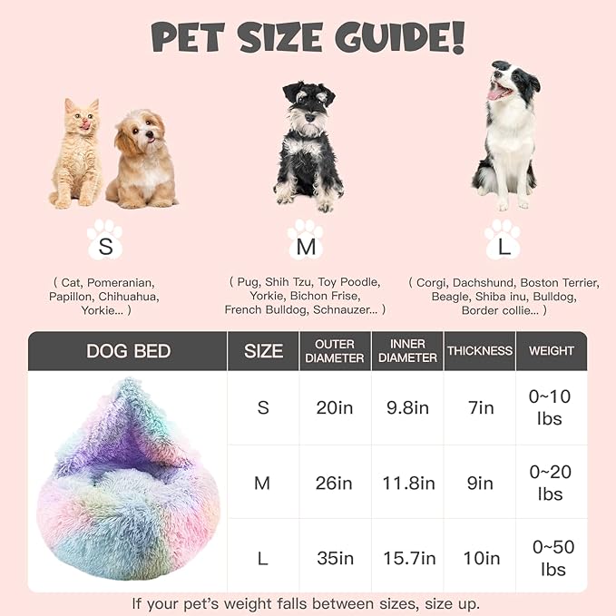 Himax Medium Dog Bed Washable, Round Dogs Beds with Blanket Attached, Calming Dog Bed, Multi-Colored (20"/26"/35")…