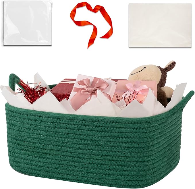 OIASKET Basket for Gifts Empty, Woven Storage Basket with Gift Bag, Ribbon and Wrap Tissue Paper, Small Rope Toy Storage with Handles for Christmas, Baby Shower, Dog Toy Organizer, 13.6" x 10" x 5.9”