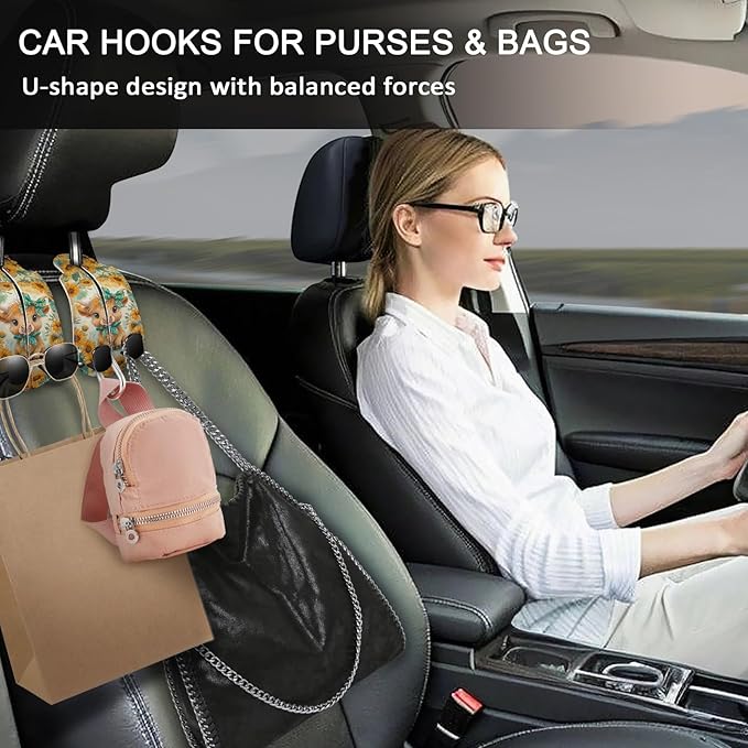 Blusabaca 2PCS Car Hooks for Purses Bags, Highland Cow Cattle Artwork Modern Seat Back Storage Headrest Holder Hanger PU Leather Double Metal Backseat Organizer, Women Car Accessories Organization