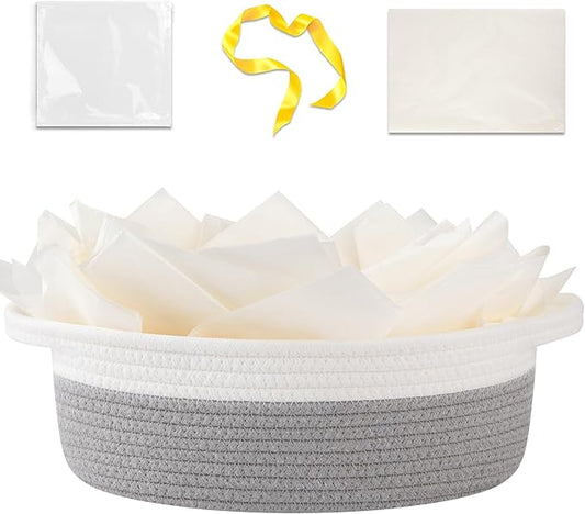 OIAHOMY Gift Basket Empty with Handle, 12"x 8"x 5" Small Woven Basket with Gift Bag, Ribbon and Wrap Tissue Paper, Dog Toy Storage for Organizing - Grey & White