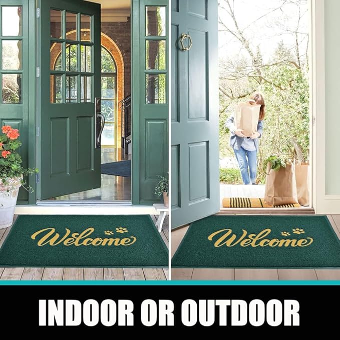 T.HENV Christmas Door Mat Outdoor, 30x17.5 Waterproof All-Season Front Door Mat Outside Entrance, All-Weather Quick Drying, Low Profile Doormat Indoor, Patio Porch Entryway Mats, Green-Gold