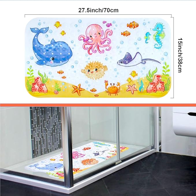 Bath Mat for Tub Non Slip, Machine Washable Anti-Slip Cartoon Baby Bathtub Shower Mat with Drain Holes and Suction Cups for Toddler & Kids, 27.5 Inch x 15 Inch-Rectangular, Pink Octopus