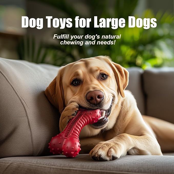 Ouilter Dog Toys for Aggressive Chewers, Dog Chew Toys for Medium Large Dogs, Durable Natural Rubber Dog Toys with Bacon Flavor, Indestructible Dog Toy, Red