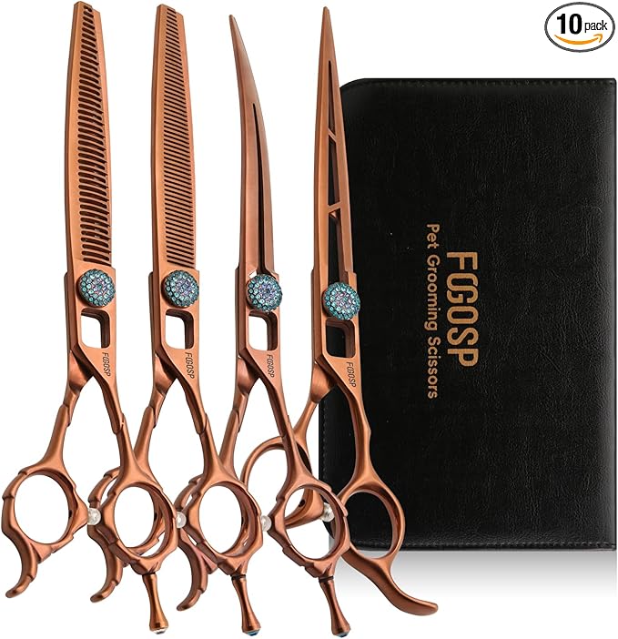 7'' Dog Grooming Scissors Set 4PCS Curved Thinning Straight Chunkers Shears Kit with Hollow Out Design Ergonomic Offset Handle High Cobalt Alloy Steel Sharp and Durable(7, Chocolate Kit)