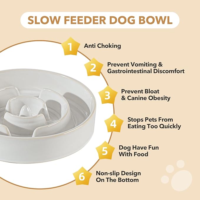 Ceramic 1.6 Cup Dog Bowl Slow Feeder for Large and Medium Dog, 8.2inch Pet Slow Dish, Stop Bloat, Preventing Choking(Single Bowl, Reactived Glaze -White)