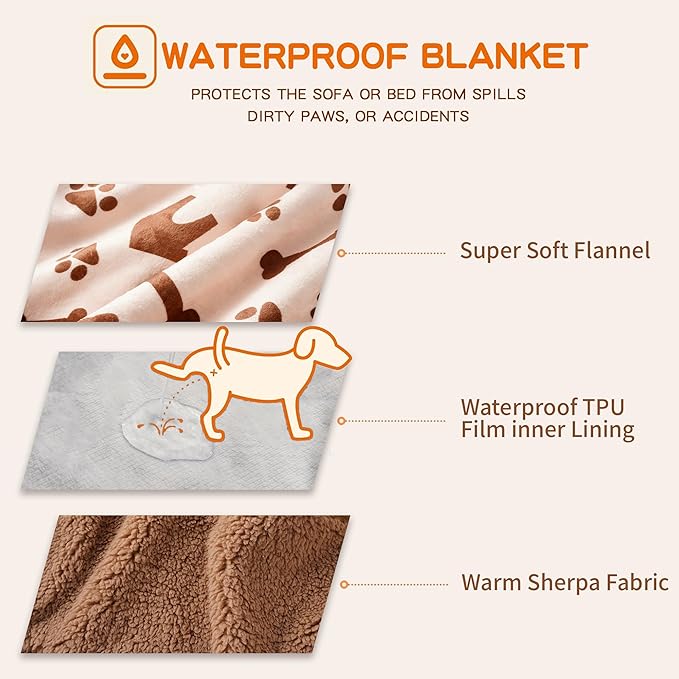 CAPT.SNOOZE Waterproof Dog Blankets Pet Blanket 60"x80", Soft Fluffy Sofa Car Bed Protector, Reversible Sherpa Fleece Dog Blanket for Large Dogs (Beige-House)