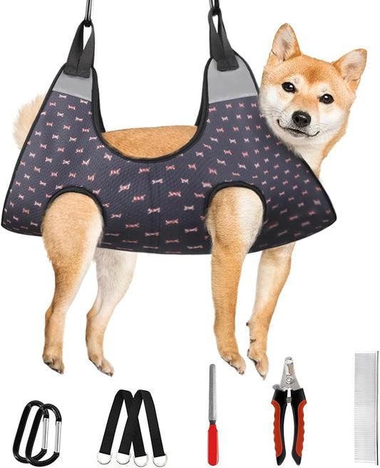 Supet Dog Grooming Hammock Harness for Dogs Cats, Relaxation Pet Nail Clipper Hammock, Restraint Dog & Large Animal Leashes Sling for Groomingk for Nail Trimming (Black Currant, XL)
