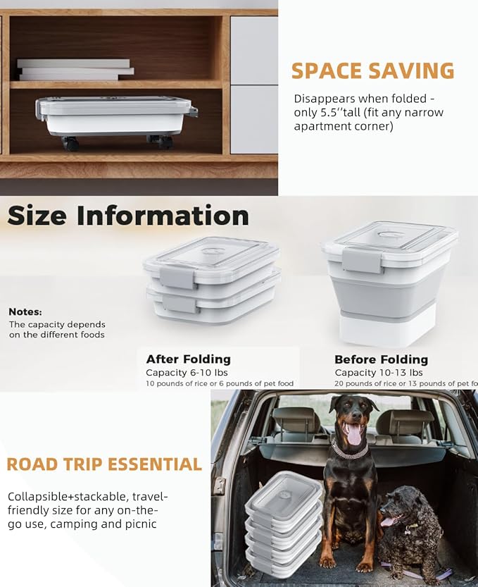 DDMOMMY 10-13 Lbs Dog Food Storage Container,Collapsible Dog Food Container with Transparent Airtight Lid,Pet Food Scoop and Dog Bowl,Multifunctional Food Storage Container for Pet Food,Rice,Flour