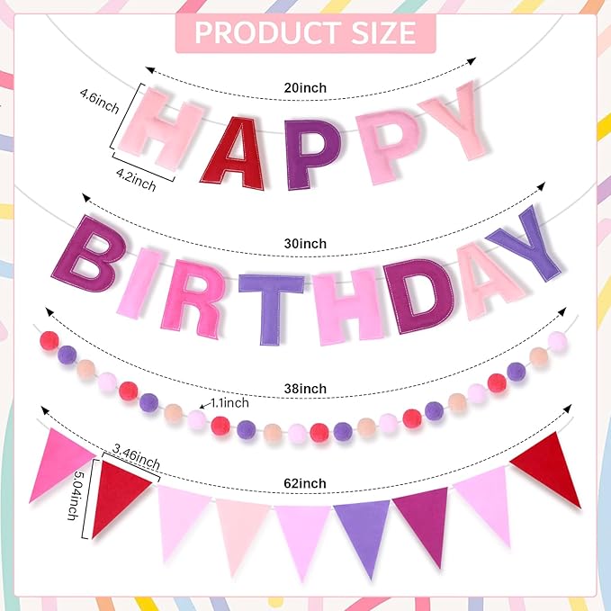 4 Strings Happy Birthday Felt Banner Decoration Pink Birthday Sign Garland Reusable Bunting Banner Pom Pom Hanging Garland Backdrop Wall Decor for Girls Boys Bday Party Supplies Decor