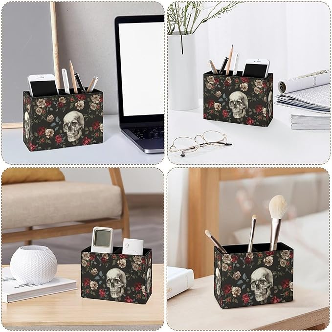 Famame Skull Red White Roses Pencil Holder for Desk, Leather Desktop Container Pen Cup Storage Study Table Pen Organizer Makeup Brush Holder for Classroom Office Home