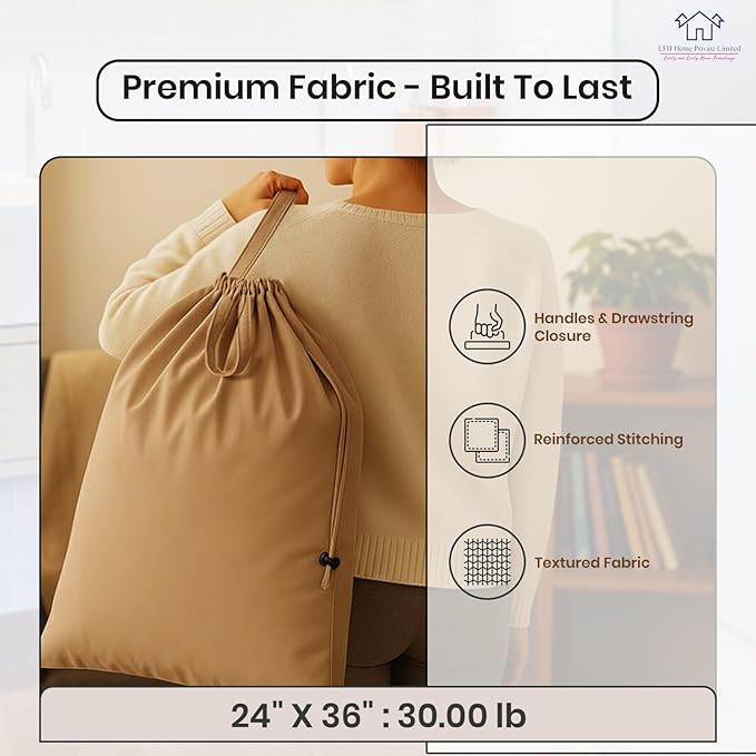 LFH Home Large Premium Cotton Canvas Laundry Bag with Drawstring and Handles Heavy Duty, Multi-Use, and Washable for Home, Travel, College or Storage 24x36 (Pack of 2)-Beige