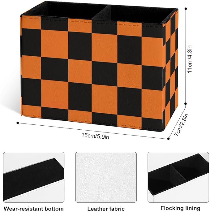 Famame Orange And Black Grid Pattern Pencil Holder for Desk, Leather Desktop Container Pen Cup Storage Study Table Pen Organizer Makeup Brush Holder for Classroom Office Home