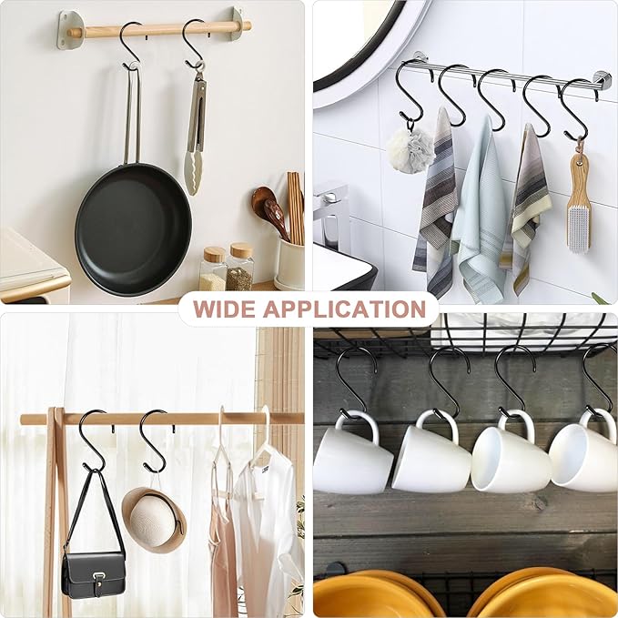 6 Pack 5 Inch S Hooks: Heavy Duty, Non-Slip, Vinyl Coated, Black Metal Steel with Vinyl Coated Surface, S-Shape, Classic Style, Ideal for Kitchen, Closet, Bathroom, Garage, Outdoor