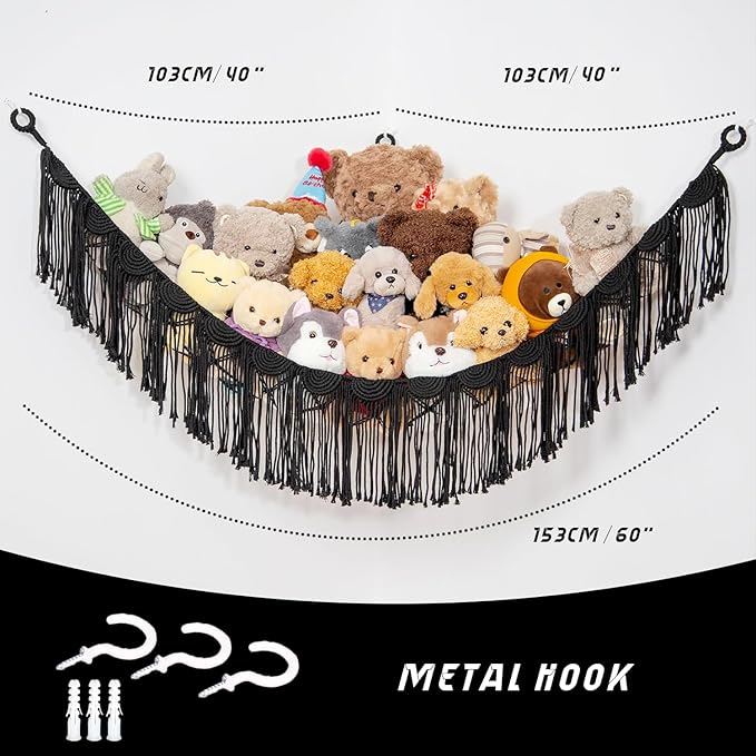 Amdermi Stuffed Animal Hammock Corner Hanging Net for Toy Organizer Playroom Stuffed Animal Toy Hammock Macraem Toy Display Plush Toy Holder for Bedroom (Black)