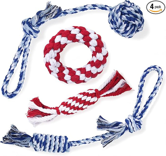 Depets Dog Rope Toys for Small Dogs, 4-Pack Durable Puppy Rope Chew Toys for Teething, Puppy Tug of War Interactive Toy, Washable Knot Dog Toy for Dental Care & Anxiety Relief