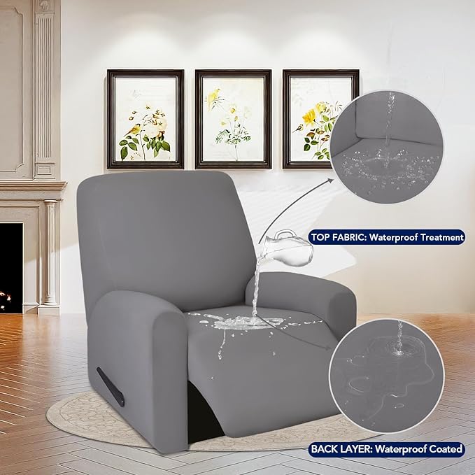 PureFit 100% Dual Waterproof Recliner Cover, Waterproof Couch Cover for Recliner - Stretch Non Slip Fleece Sofa Covers Washable, Leakproof Furniture Protector for Kids, Pets (Recliner, Light Gray)