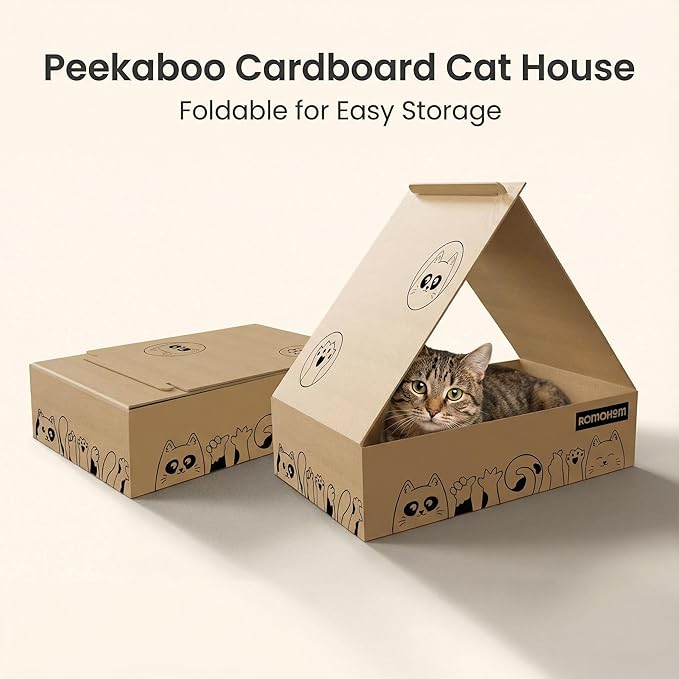 4PCS Cardboard Cat Scratcher Bed Set with House for Indoor Cats, 2 Big Oval Cat Lounger Bowls 17", Durable Scratching Board Pad, All-in-One Cat Scratch Box with Bonus Toys for Furniture Protection.