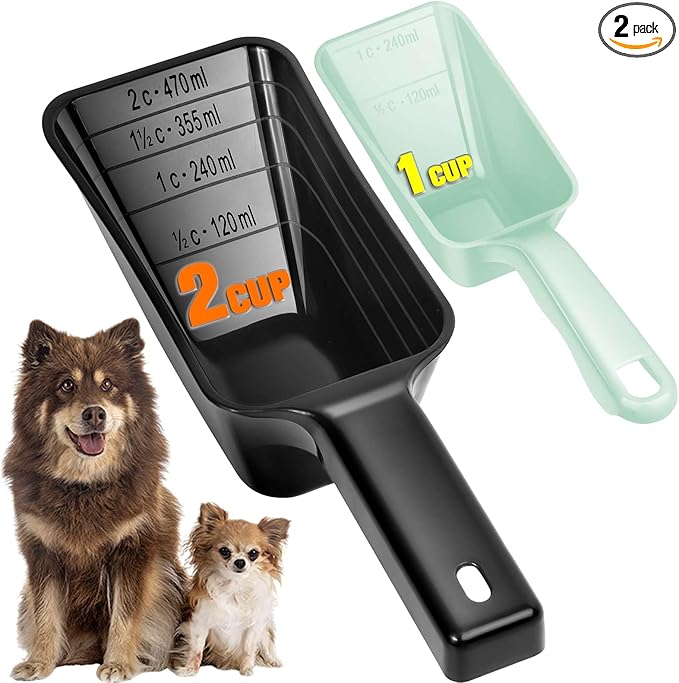 2-Pack Dog Food Scoop Set,1 Cup and 2 Cup Plastic Pet Food Measuring Scoops with Clear Measurement Lines,Multi-Purpose Pet Food Scooper for Dogs, Cats (Green and Black)