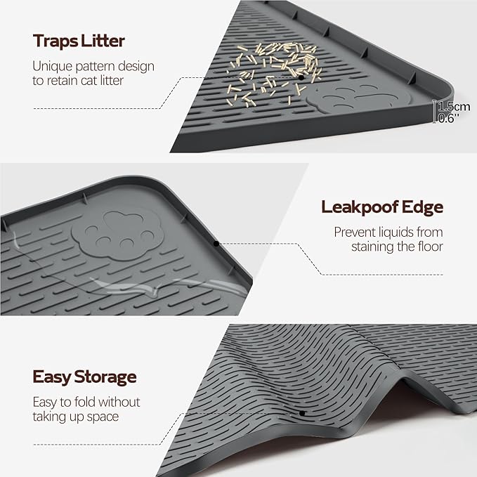 Bartuke Cat Litter Mat, XL Extra Large 40" x 40" Silicone Mat Litter Trapping Mat for Scatter Control, Soft on Kitty Paws, Easy to Clean (Dark Grey)