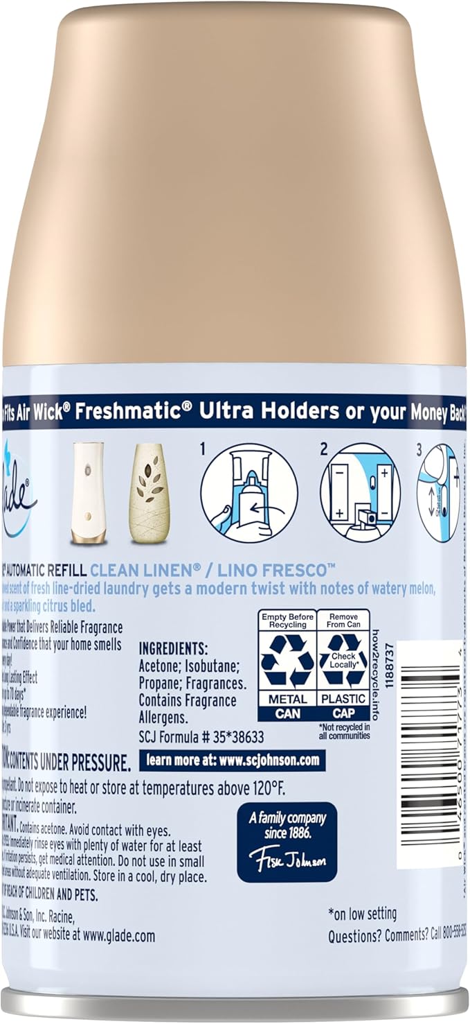 Glade Automatic Spray Refill and Holder Kit, Air Freshener for Home and Bathroom, Clean Linen, 6.2 Oz, 2 Count