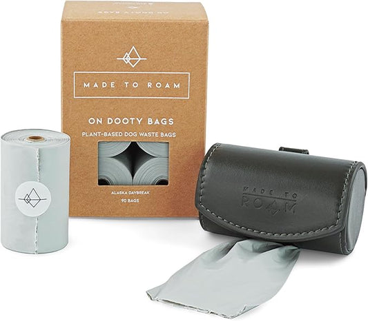 MADE TO ROAM On Dooty Pack - Premium Dog Poop Bag Holder for Leash, Vegan Leather Waste Bag Dispenser for Poop Bag Rolls (Set - New York Afterlight, On Dooty Set (Holder + 1 Box of Bags))