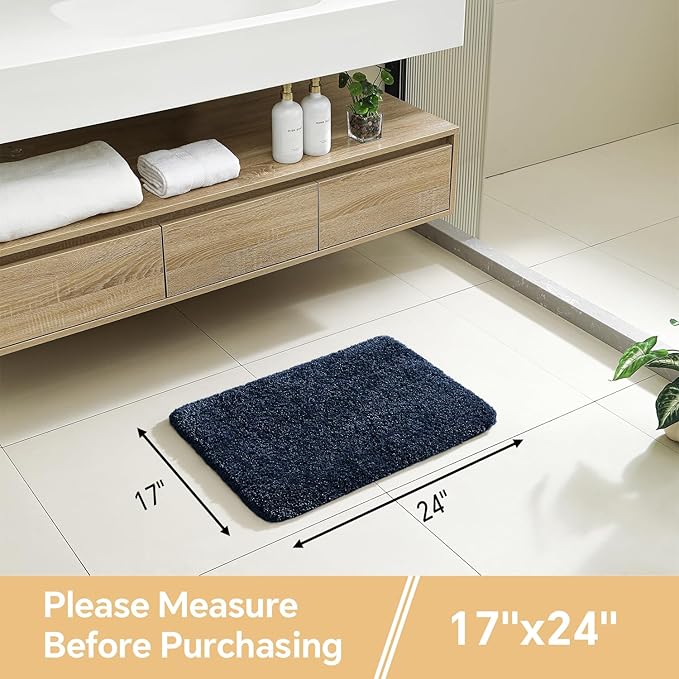 Navy Blue Bathroom Rugs 17"x24" - High-Density Microfiber Bath Mat, Fluffy Non Slip Absorbent and Washable Bathroom Mat - Ideal for Small Spaces, Vanity, Toilet, or Pet Mat