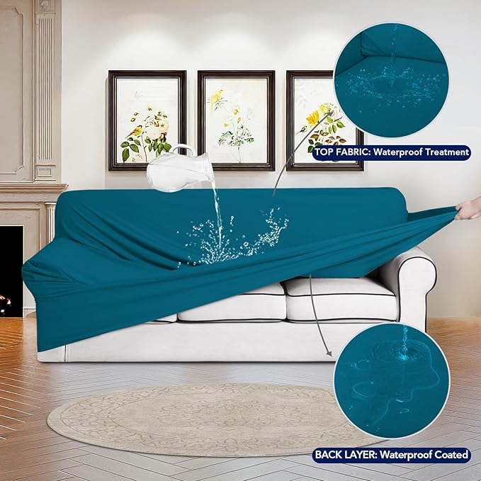 PureFit 100% Dual Waterproof Couch Cover Slipcovers for Couches and Sofas - Stretch Non Slip Fleece Sofa Covers Washable, Leakproof Furniture Protector for Kids, Pets, Dog (Sofa, Peacock Blue)