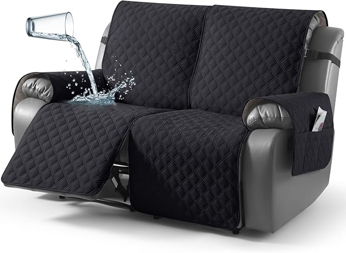 TAOCOCO 100% Waterproof Recliner Couch Covers, Recliner Sofa Covers with Leg Straps, 1-Piece Washable Reclining Sofa Cover with Pocket Couch Protector for Pets Kids(2 Seater, Black)