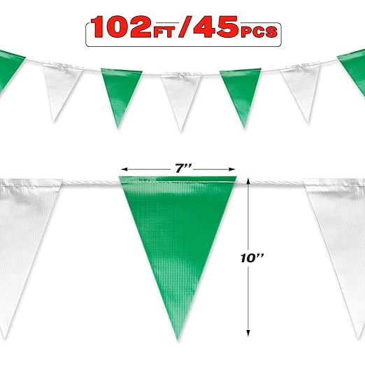 Green & White Pennant Banner Flags | OSHA 500lb Rated | Strand Fade Resistant 【102FT】