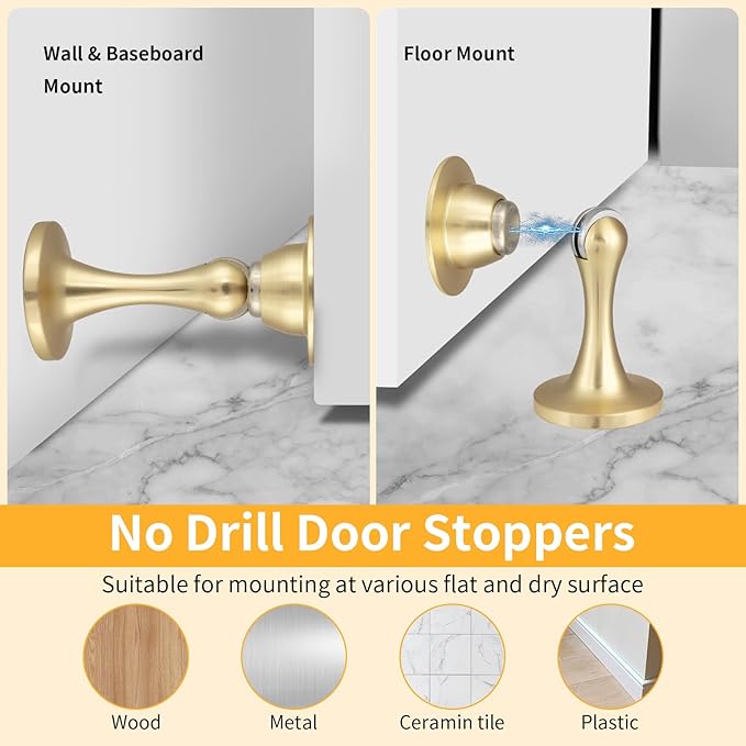 Bak Bo 3 Pack Magnetic Door Stopper, Strong Magnetic Door Holder Keep Door Open, Zinc Alloy Door Catch for Wall & Floor Mounting, No Drilling Door Stop with Adhesive Brushed Gold