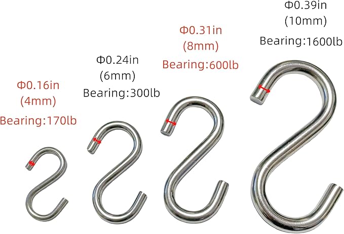 304 Stainless Steel S Hook, S Hook Metal Hanging Practical Hook Connecting Hook for Item Hanging (Dia:1/4in(6mm)-6PCS)